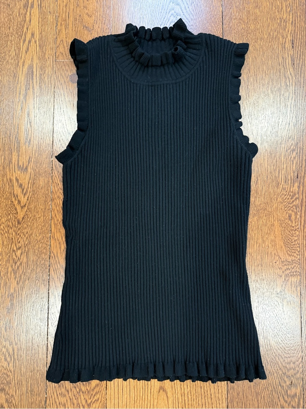 Milly Black Ribbed Ruffle Mock Neck Top L